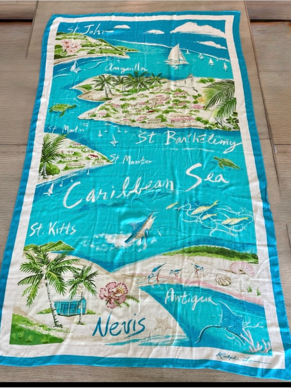 Ralph Lauren Scarf Caribbean Sea Print in Turquoise 36” x 60”
